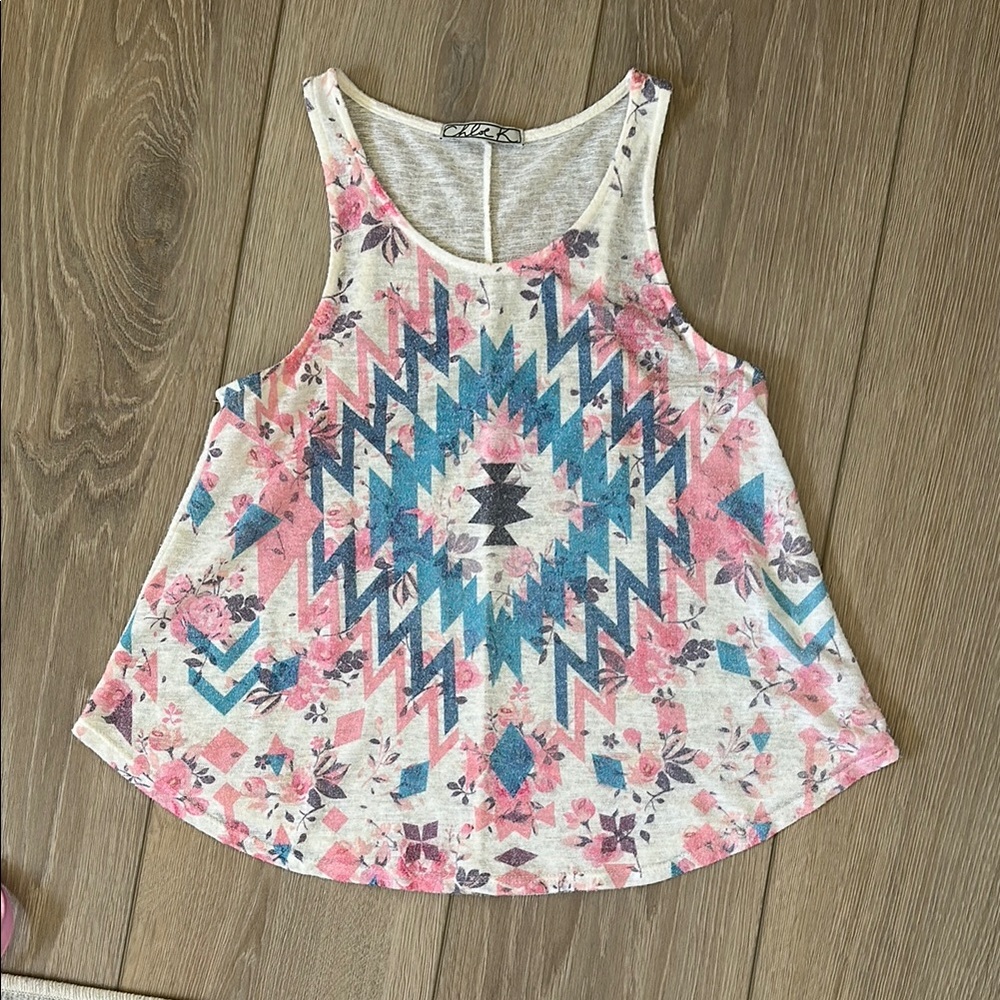 Chloe K Floral Geometric Tank Top - Pink and Blue